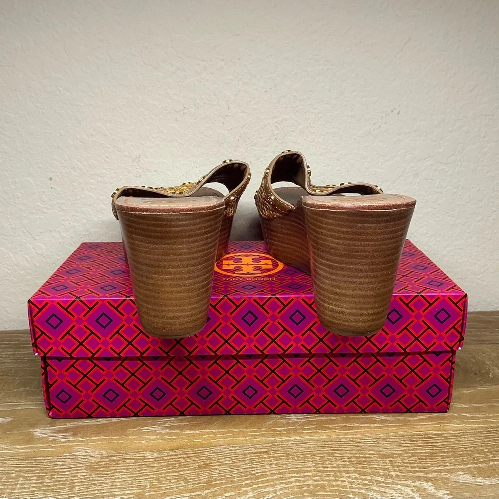 Tory Burch Straw and Leather Wedge Sandal Size 10.5